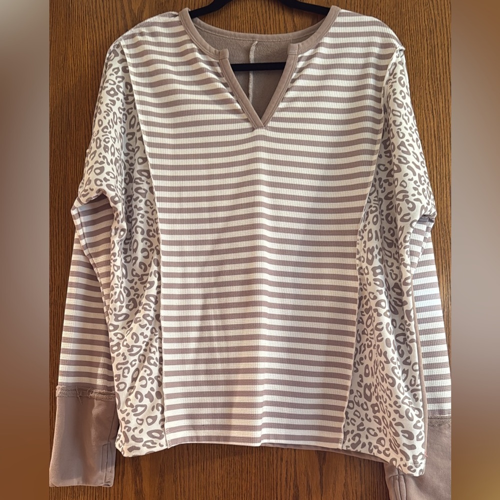 Striped and Leopard Print Long Sleeve Top